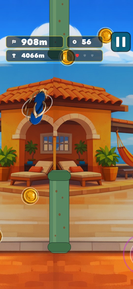 Gameplay de Tap Flip Flop com tubos e moedas